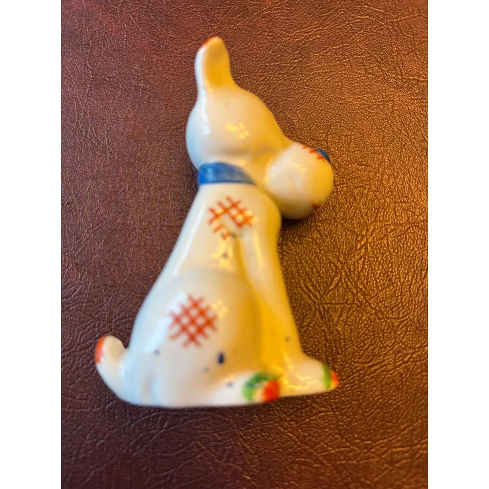 Vintage Hand Painted Japan Porcelain Dog Figurine Blue Bow Tie Patch Detail